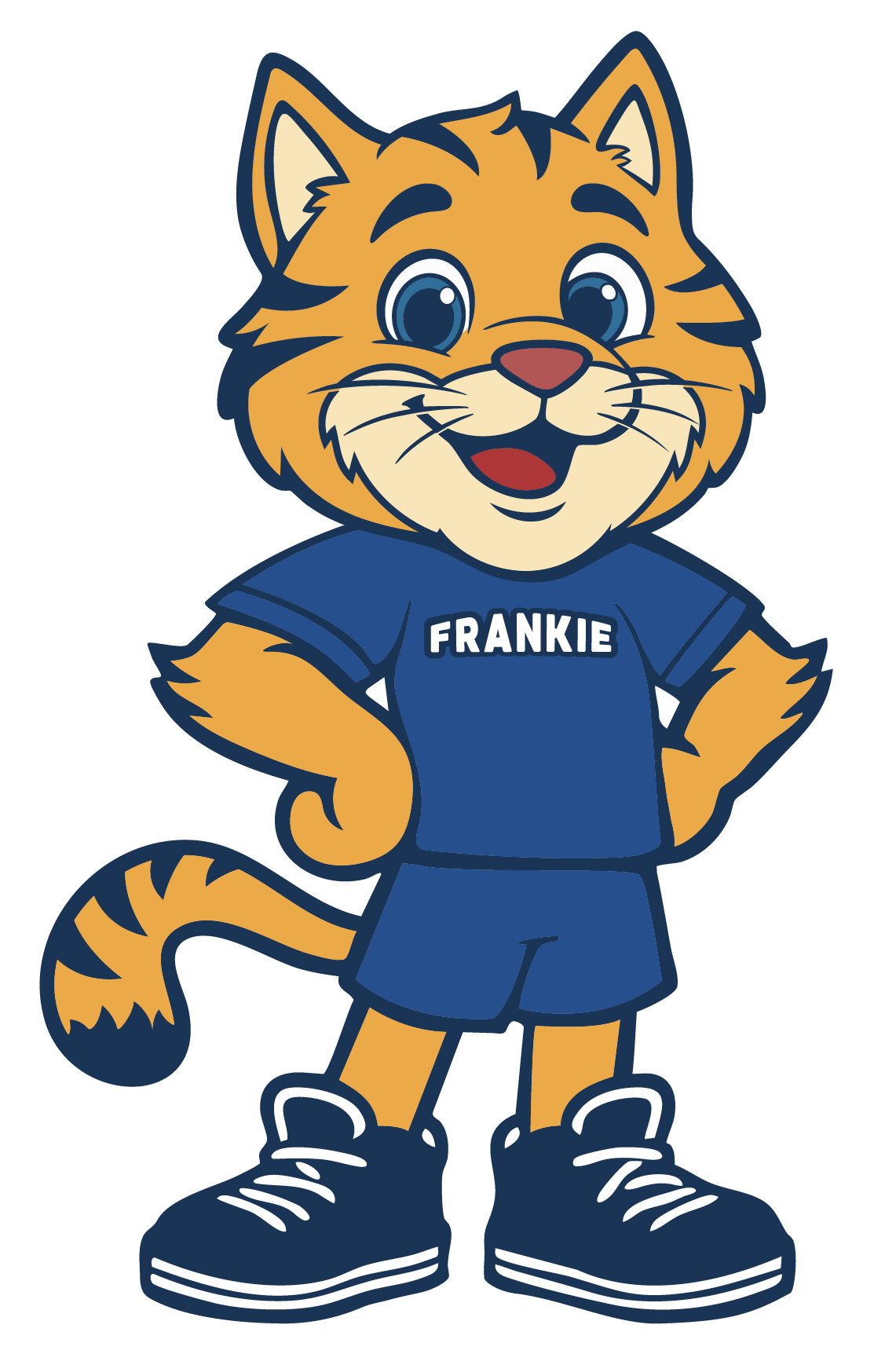 Cartoon orange cat mascot wearing a blue shirt with “Frankie” text and blue shorts, standing with hands on hips.