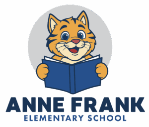 Cartoon orange cat mascot reading a blue book with “Anne Frank Elementary School” text below.